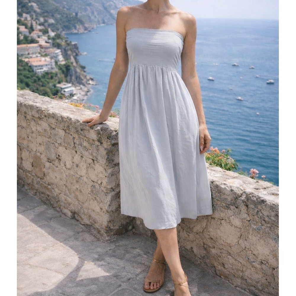 Italian Silk Blend Gray Strapless‎ Convertible Midi Sundress/Skirt SZ L Flowy